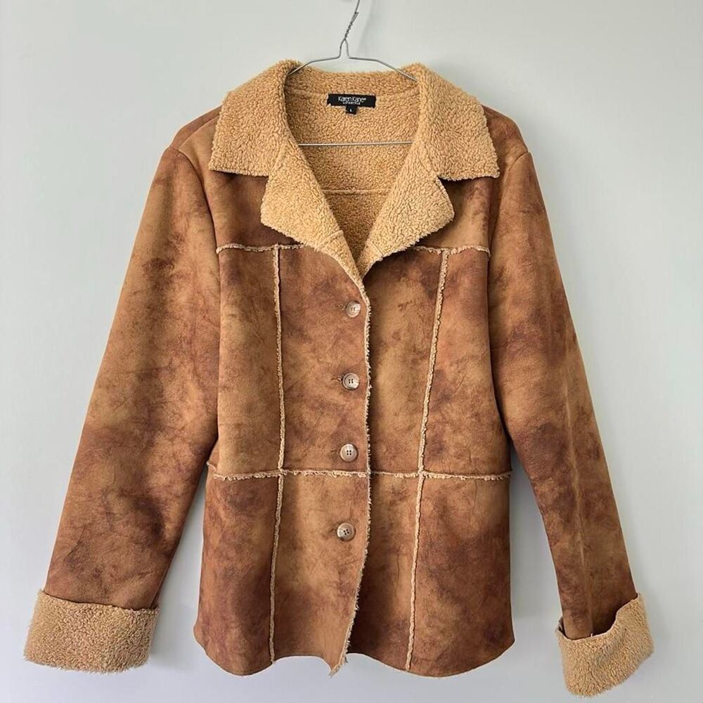Vintage Y2K Karen Kane Women's Brown and Tan Sherpa Jacket Large